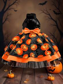 Vestido de princesa preto com estampa de abóbora e decote halter para bebês, ideal para festas de fim de ano. - Preto - Ver 2