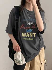 女式休闲宽松百搭舒适图案印花圆领 T 恤上衣 - 深灰色 - 查看 2