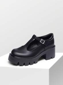 Womens T-Strap Mary Jane Shoes Platform Dress Low Heel Chunky Pumps Round Toe Ankle Strap Oxfords - 黑色/PU - 查看 2