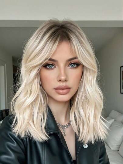 Peluca sintética de 16 pulgadas con ondas cortas y rizadas, degradado de negro a dorado, con flequillo, resistente al calor, adecuada para uso diario, fiestas y cosplay