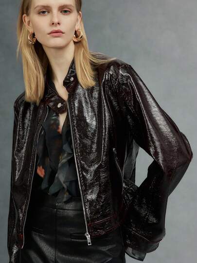 女士短款PU皮摩托车夹克 - 春秋季理想之选 - 时尚简约设计