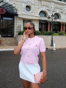 Short Sleeved Shirt, Yellow Knit With Pocket Buttons, Women's New Summer Style - Yellow - View 1