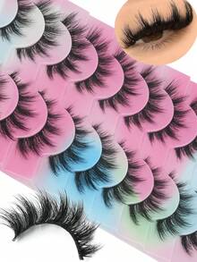 10 Pairs Of Colorful Box Packaged Natural-Looking False Eyelashes, Dense And Curled Cartoon Eyelashes, Mink-Like Eyelashes, Cat-Eye False Eyelashes, Natural And Dense False Eyelashes, Perfect For Travel Makeup Tools. - 自然纖長款 - 查看 2