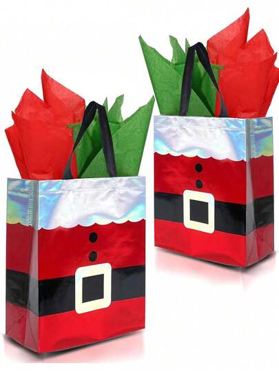 10pcs-Christmas Gift Bags Large Festive Reusable Gift Bags,Waterproof Design Holographic Santa Design - Christmas Bags, Gift Bags,Christmas Party Gift Bags Birthday Gift Bag