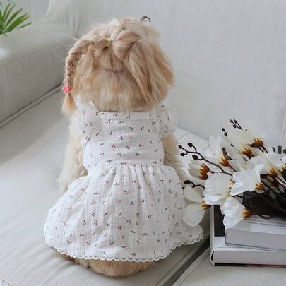 1pc Pet Dress, Pet Apparel For Cats & Dogs, Countryside French Cherry Blossom Ditsy Floral Cap Sleeve Dress, All Season