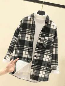 Nowa damska kurtka z polaru w kratę/tartan z kieszeniami zapinanymi na guziki z przodu, odpowiednia do codziennego noszenia jesienią/zimą