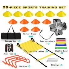 El set de entrenamiento de fútbol de 29 piezas incluye una escalera de agilidad (12 niveles, 6 metros), 12 conos, 4 vallas ajustables, un paracaídas, una cuerda para saltar, 5 bandas de resistencia y una bolsa de almacenamiento portátil. Equipo de entrenamiento perfecto para fútbol, tenis, baloncesto, béisbol, rugby y más.