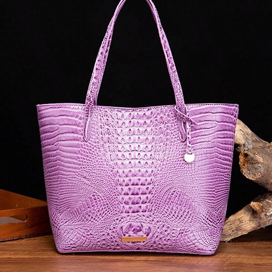 Women's Shoulder Bag European And American Style Crocodile Print Tote Bag Blue Large Capacity Commuter Tote Bag With Coin Purse Blue Crocodile Leather Tote Bag Large-Capacity Mother-In-Law Bag Fashionable And Versatile Handbag - 淡紫色 - 查看 1