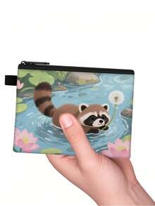 1 pieza Monedero compacto con cremallera, bolsa con cremallera de poliéster resistente y de moda, diseño de estampado gráfico de mapache lindo, ideal para guardar monedas y pequeños artículos esenciales, cierre , regalo de novedad, material duradero, fácil de cuidar, regalo festivo/navideño