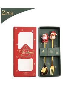 2pcs/Set Cute Christmas Spoon + Christmas Fork - Santa Claus Figurine Spoon + Fork Set - Cartoon Adorable Christmas Gift Set