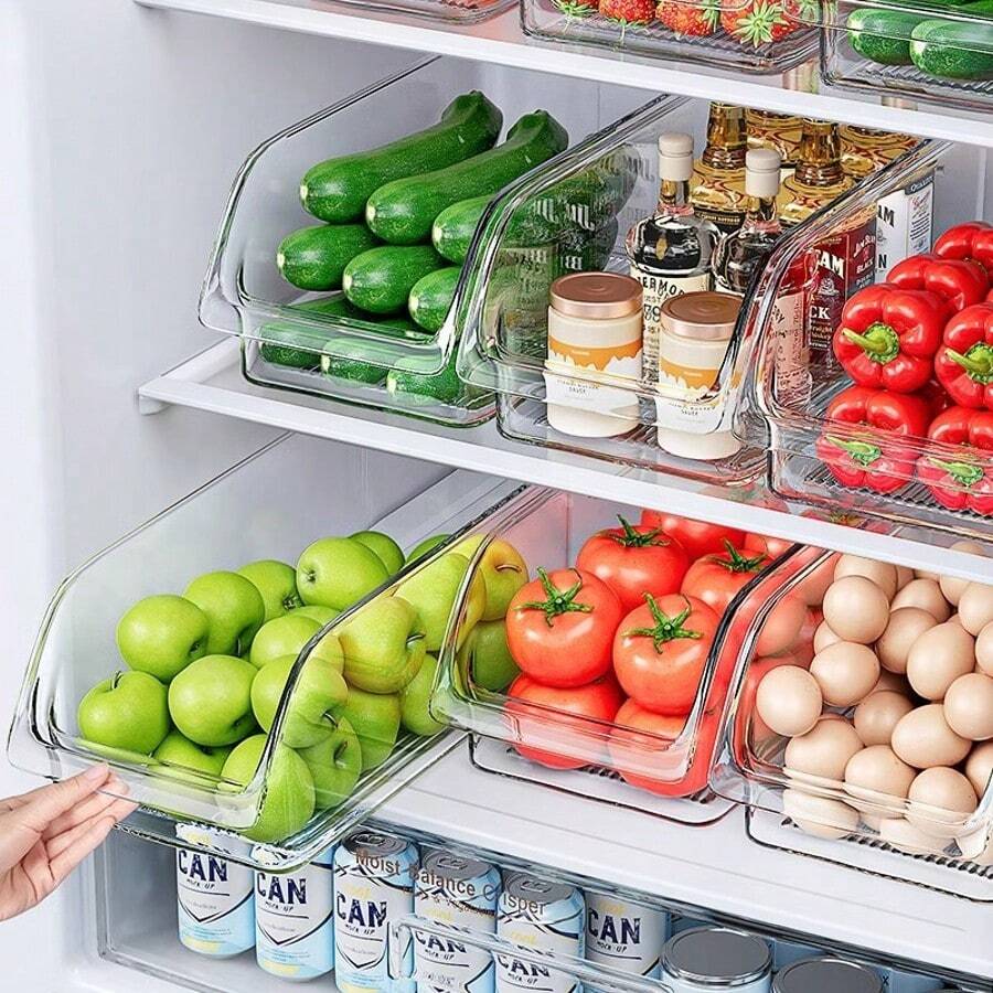 Caja de almacenamiento para refrigerador, caja de conservación fresca, caja de almacenamiento de huevos congelados, caja deslizable para refrigerador, latas, bebidas, cocina, verduras y frutas, artefacto de organización especial (color transparente) (2 piezas/3 piezas/4 piezas), decoración del hogar, almacenamiento para fiestas y Navidad - Transparente*4 piezas - Ver 1