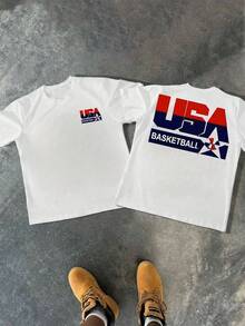 Men's Sports Basketball Graphic 220g T Shirt 1pcs Stylish 100% Cotton Casual Tee USA Team Digital Printed T Shirt,Streetwear Jersey Cotton Top For Games & Practice - 白色 - 查看 1