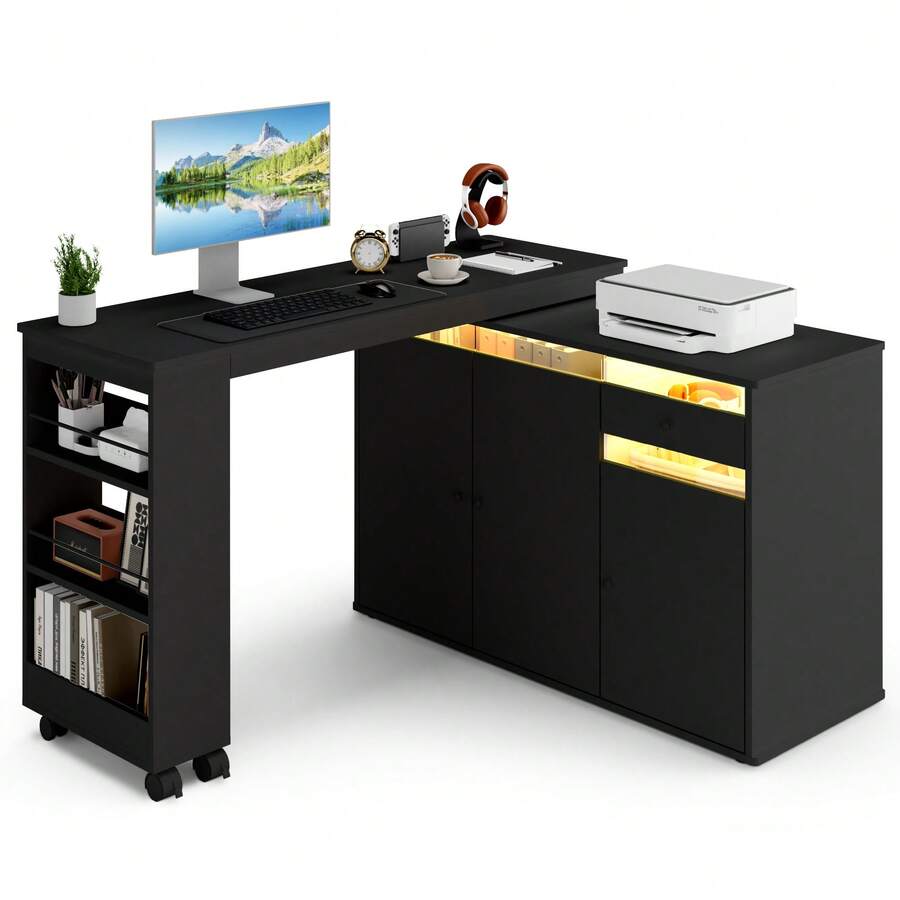 53" Rotating L-Shaped Computer Desk With Storage Cabinet, Drawer & Shelves, Modern Study Writing Table, Home Office Bedroom Workstation For Small Space - Black - View 1