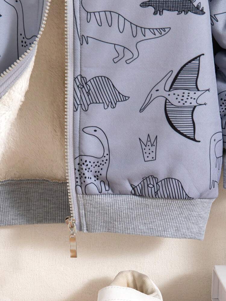 Chaqueta con capucha de forro polar con cremallera y estampado de dinosaurios para niños, adecuada para uso al aire libre, otoño/invierno - Gris - Añade 5