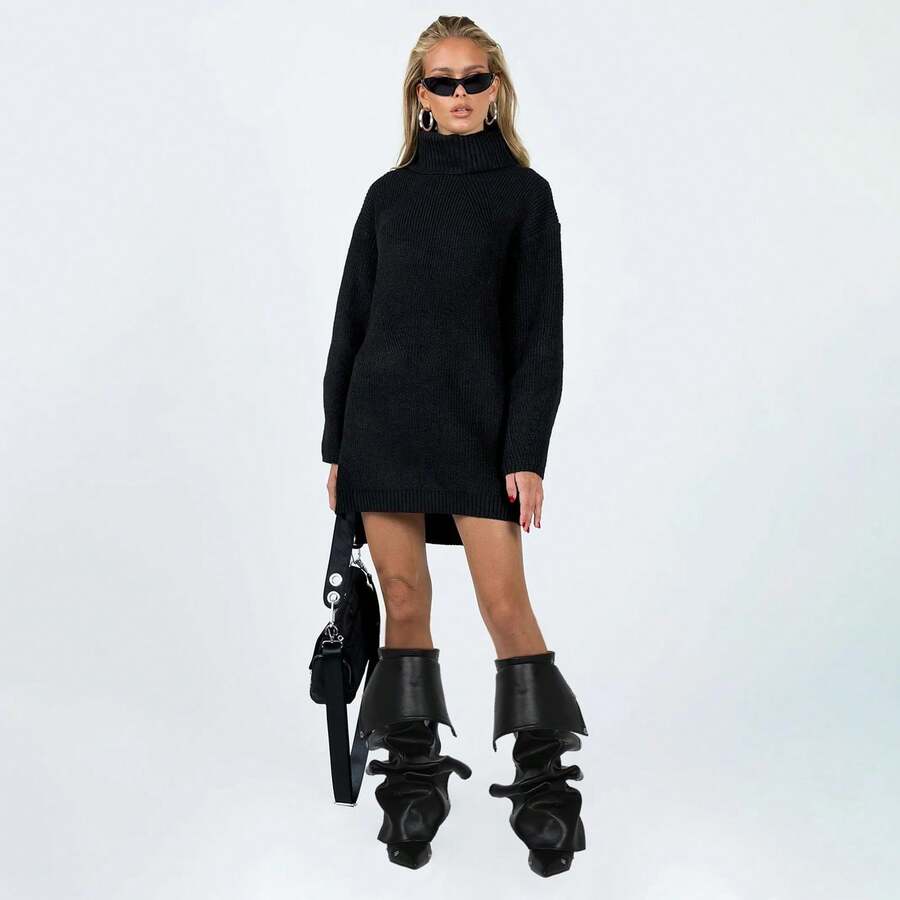 Arqa Women Stiletto Knee High Boots Slouch Pointed Toe High Heel Boot Detachable Snap-Off Panel Shark Boots - 黑色 - 查看 1
