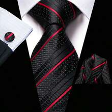 Black Red Stripes Necktie Mens Tie Handkerchief Cufflinks Set Wedding Formal 3PCS - màu đen - Xem 1