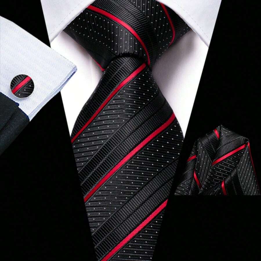 Black Red Stripes Necktie Mens Tie Handkerchief Cufflinks Set Wedding Formal 3PCS - màu đen - Xem 1