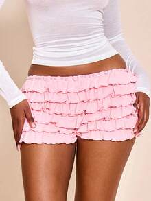 Women's Bloomer Shorts Summer Fashionable Solid Color Elastic Low Waist Ruffle Shorts - 粉色 - 查看 2