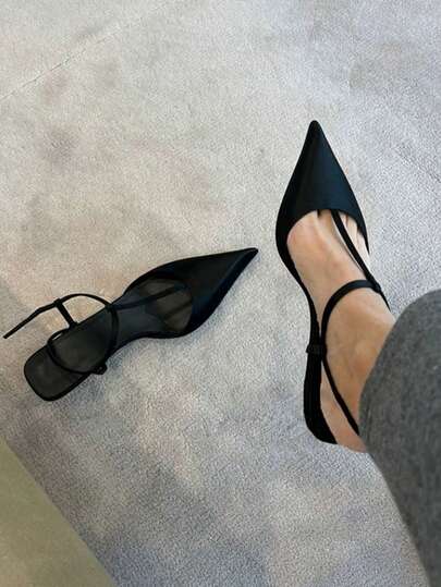 Sandalias de punta para mujer - Tacón bajo cómodo, parte superior de PU de verano con suela de goma, estilo versátil negro casual y formal, diseño de plataforma, forma elegante, durable y ligero, adecuado para uso en la oficina, elegante, tacones de gatito