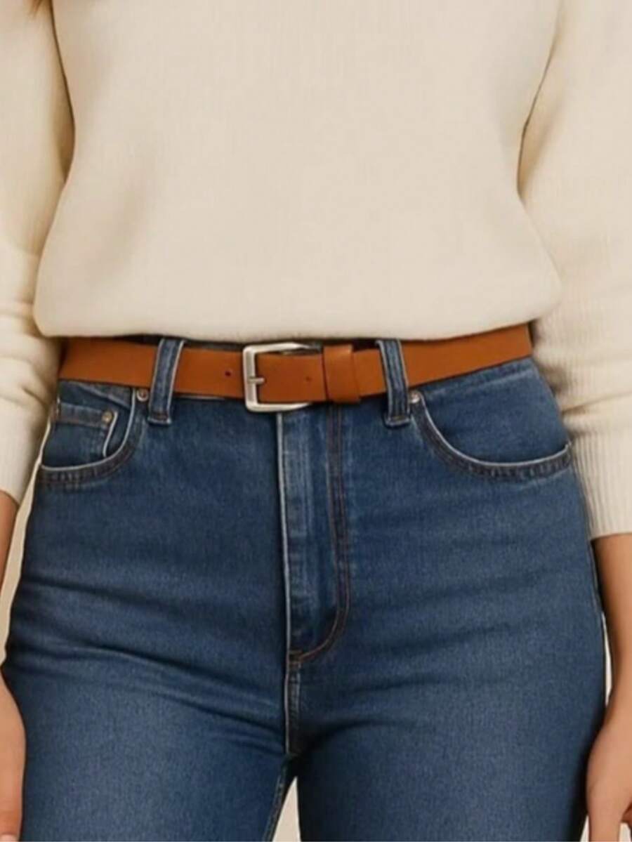 Women's Casual Silver Buckle Belt - Camel - View 1