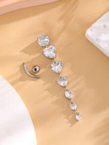 1pc Golden Long Pendant With 6pcs Zirconia Heart Shape Inlaid Navel Ring, Stainless Steel Belly Button Piercing Jewelry For Daily Wear