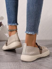 Women's Casual Sneakers, Rhombus Pattern Slip-On Flats, Non-Slip Wear-Resistant Low-Top PVC Flat Shoes - Beige - View 4