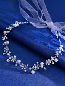 1pc Elegant Bridal Crystal Rhinestone Waist Belt, Silver Shiny Crystal & Elastic Faux Pearl Decor Sash, Wedding Dress Accessory, Women's Fashion Waist Chain For Wedding, Birthday, Party, Festival To Highlight Charm Valentine's Day Accessories - Silver - View 15