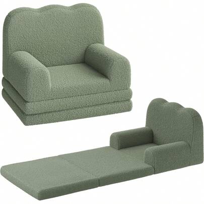 Dragonpad Folding Kids Couch With Wavy Backrest, 2-In-1 Comfy Toddler Couch Fold Out, Convertible Sofa To Lounger Foam Kids Chair With Soft Sherpa, Gift For Girls And Boys