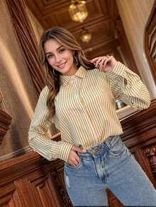 Steve Store Women's Fashion Striped Dress Shirt Long Sleeve With Buttons Elegant Fashion - Màu Khaki - Xem 3