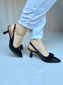 Women's Slingback Pumps, Medium Heel, Pointed Toe With Bow – Black, Caramel And Nude – Elegant And Comfortable - 黑色 - 查看 8