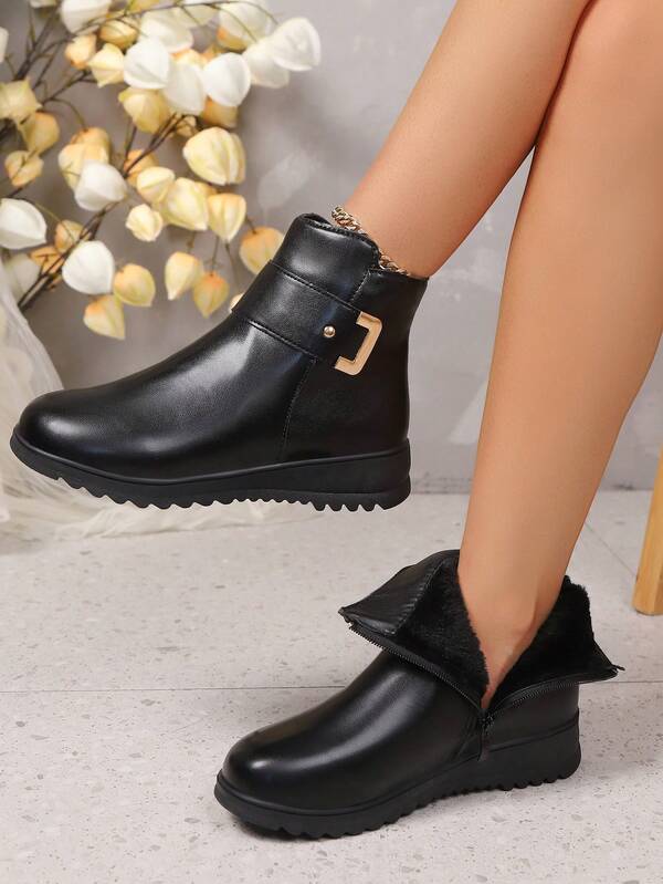 New Plus Size Mother Shoes, Autumn/Winter Ankle Boots With Fleece Lining, Wedge Heel, Comfortable, Warm, Anti-Slip, Side Zipper For Women