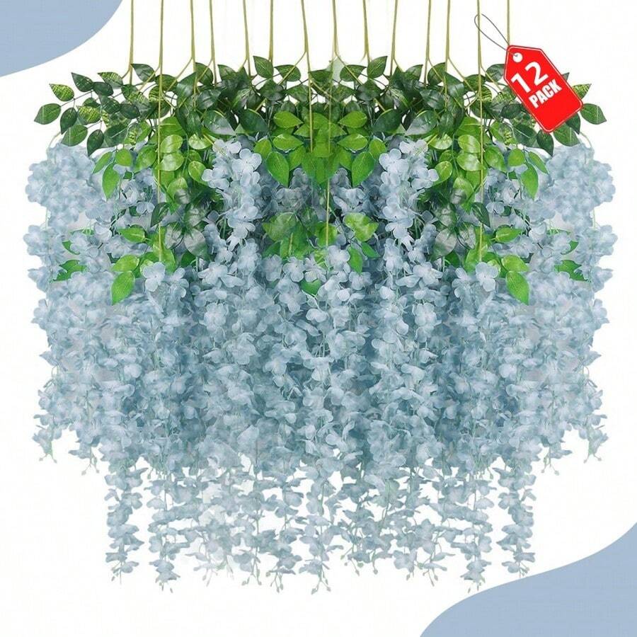 12pcs Teal Wisteria Hanging Flowers, 3.77 Ft Fake Hanging Flowers, Artificial Wisteria Garland Vines For Wedding Room Backdrop Outdoor Patio Garden Decoration - 灰色 - 查看 1