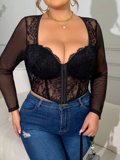 EZNV توب يومي عتيق حلو وجذاب بياقة مربعة وأكمام شفافة من الدانتيل الأسود