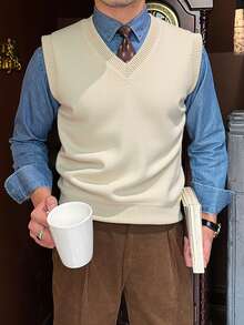 Men's Casual Everyday Simple Solid Color V-Neck Sweater Vest, Autumn