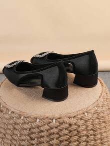 Square Toe Chunky Heel Women's Shoes, Versatile Rhinestone Button Slip-On Flats, Fashionable Mule Shoes, Black High Heels, Women's High Heel Pumps, Run Large, Size 35-43