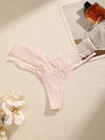 1pc Solid Color Lace Hollow Striped Sexy Breathable High-Waist Thong For Women