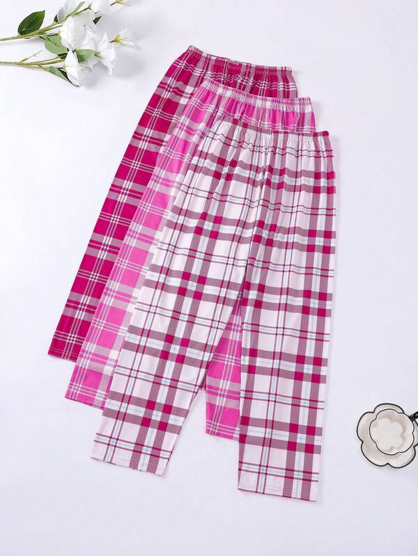 3 pièces Ensemble de pantalons de pyjama pour femmes à imprimé tartan classique, style minimaliste élégant, confortable pour le port en extérieur et à la maison, convient pour toutes les saisons, pantalon ample à taille élastique