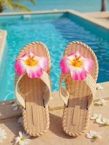 planare Women's Fashion Versatile Party & Vacation Style Woven T-Strap Sandals With Cute Pink Fabric Orchid Decor, Braided Raffia Upper, Round Toe Thong, Lightweight Anti-Slip Thick EVA Sole, Slip-On Casual Beach Pool Slippers For Shorts, T-Shirts, Dresses