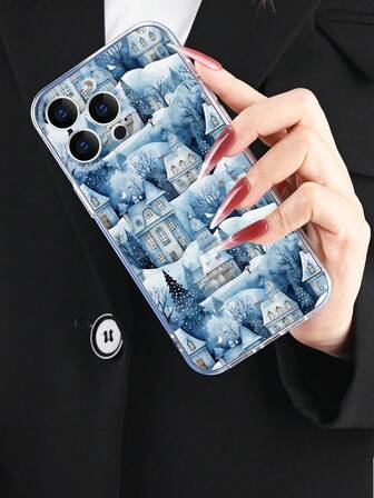 1 pieza Funda de teléfono con patrón de pueblo nevado en acuarela de invierno, funda de teléfono transparente minimalista y de moda con protección completa de la lente, compatible con iPhone 16/15/14/13/12/11 Pro Max/X/XS/XS MAX/7/8/PLUS y compatible con la serie , un gran regalo para compañeros de trabajo, amigos, familiares, parejas, cumpleaños, días festivos