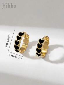 Hihho 1pair Fashionable Simple Black Oil-Drop Heart Design Hoop Earrings, Personalized Jewelry Gift For Girls Party - Black - View 4