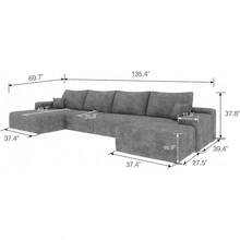 Oversized U Shaped Modular Sectional Sofa Cloud Couch With Chaise Lounge And Movable Ottoman, Fluffy Corduroy Upholstered Boneless Sofa Deep Seat Couches W/Pillows - 灰色 135.4 英寸 - 查看 2
