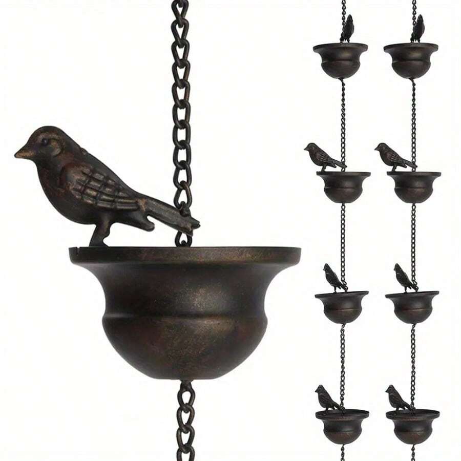 Black Bird Rain Chain - Decorative Water Drainage Ditch With Hooks, Suitable For Garden, Park, And Home Roof Sewers, Durable Plastic, Easy To Install, Features 8 Bird Shapes, Outdoor Drainage Ditch | Decorative Rain Chain | Durable Plastic, Bird Shaped Decoration