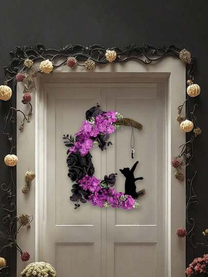 1pc Halloween Wreaths Spooky Styles (Black Cat, Moon, Horror Decor) For Front Door, Window Indoor Outdoor Holiday Displays Home Decor Halloween Decor Room Decor