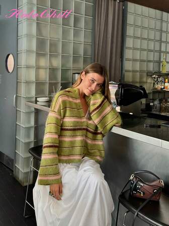 HoloChill Women's Casual Round Neck Contrast Stripe Cardigan, Summer Casual New Arrival