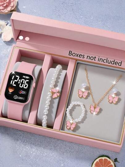Set de 6/1 pieza de reloj digital LED con pantalla cuadrada y con forma de corazón, de diseño elegante y de moda, emparejado con un collar, pulsera, anillo y aretes con perla y mariposa, un conjunto de joyería adecuado para niñas, un regalo perfecto para fiestas, celebraciones, viajes, vuelta al colegio, Navidad, Halloween, regalos para amigos y familiares, recuerdos