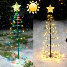 [Livrare rapidă] Lumini spiralate LED solare de Crăciun, lumini spiralate pliabile pentru brad de Crăciun, cu lumini pentru decorațiuni de nuntă pe terasă sau gazon, colorate/alb cald - Multicolor - Vizualizare 3