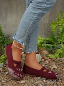 Butterfly Embroidered Women Flat Shoes, Low Vamp Soft Bottom Dance Shoes, Knitted Flat Casual Shoes, Lightweight Round Toe Wide Fit Comfortable Breathable Embroidered Shoes, Suitable For All Seasons - Burgundy - View 6