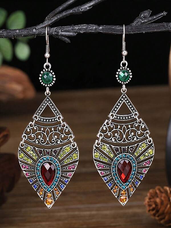 2pcs Vintage Luxury Rhinestone Teardrop Earrings For Women, Autumn/Winter