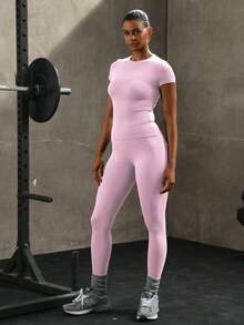 PinkTip Conjunto moldeador sin costuras - Top deportivo de unicolor y leggings de cintura alta, adecuado para yoga y correr - Rosa - Ver 3