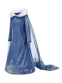 6 件套海军蓝毛绒领长袖斗篷连衣裙配饰套装，女童圣诞狂欢节服装，儿童角色扮演舞台表演服装 - 藏蓝色 - 查看 4